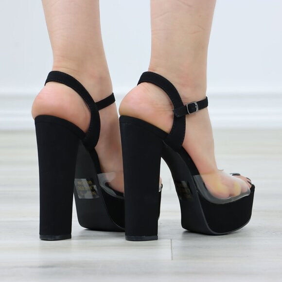 Black Suede Clear Strap Platform High Heels - Picture 8 of 12